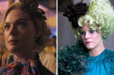 Elle Fanning and Elizabeth Banks as Effie Trinket in Sunrise on the Reaping and The Hunger Games