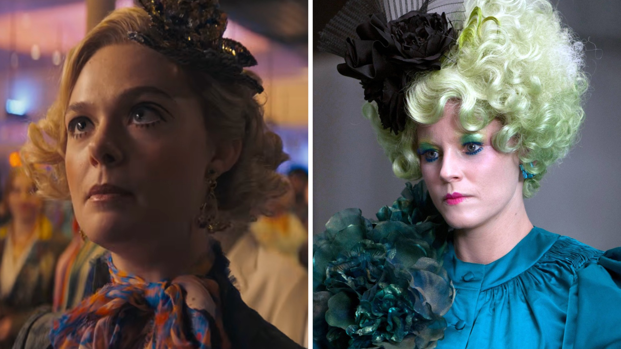 Elle Fanning and Elizabeth Banks as Effie Trinket in Sunrise on the Reaping and The Hunger Games