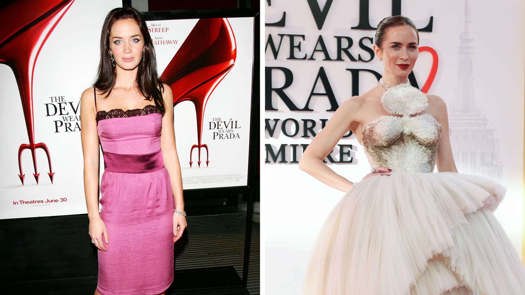 Emily Blunt at the Devil Wears Prada premieres in 2006 and 2026