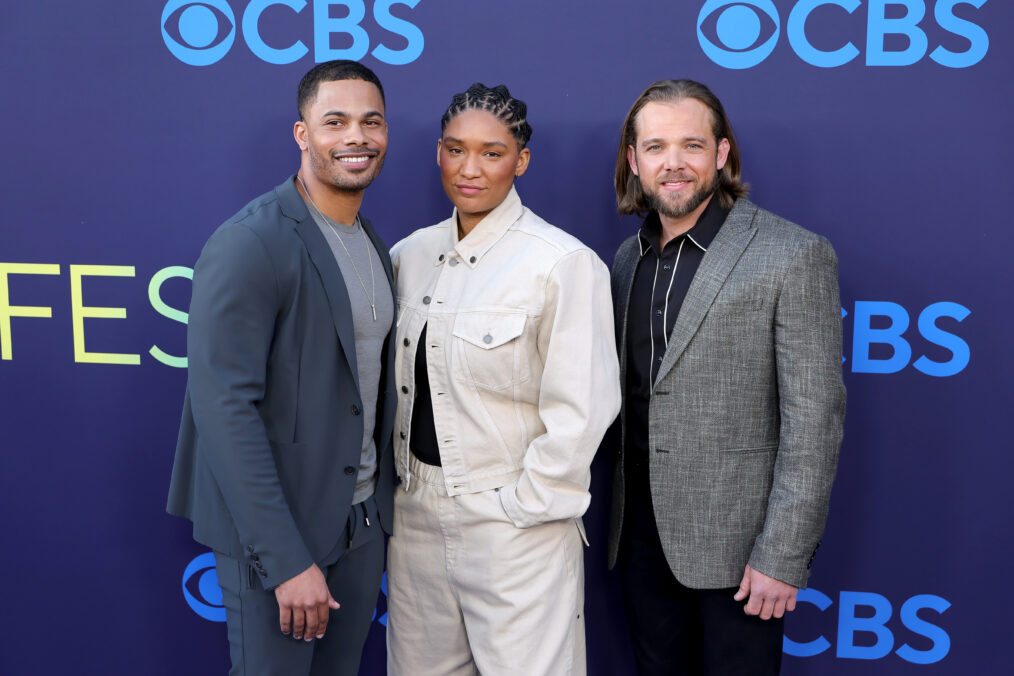 LOS ANGELES, CALIFORNIA - APRIL 15: (L-R) Jordan Calloway, Jules Latimer and Max Thieriot attend CBS Fest 2026 at Paramount Pictures Studios on April 15, 2026 in Los Angeles, California. (Photo by Kevin Winter/Getty Images)