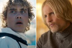 Joseph Zada and Woody Harrelson as Haymitch in Sunrise on the Reaping and The Hunger Games: Mockingjay
