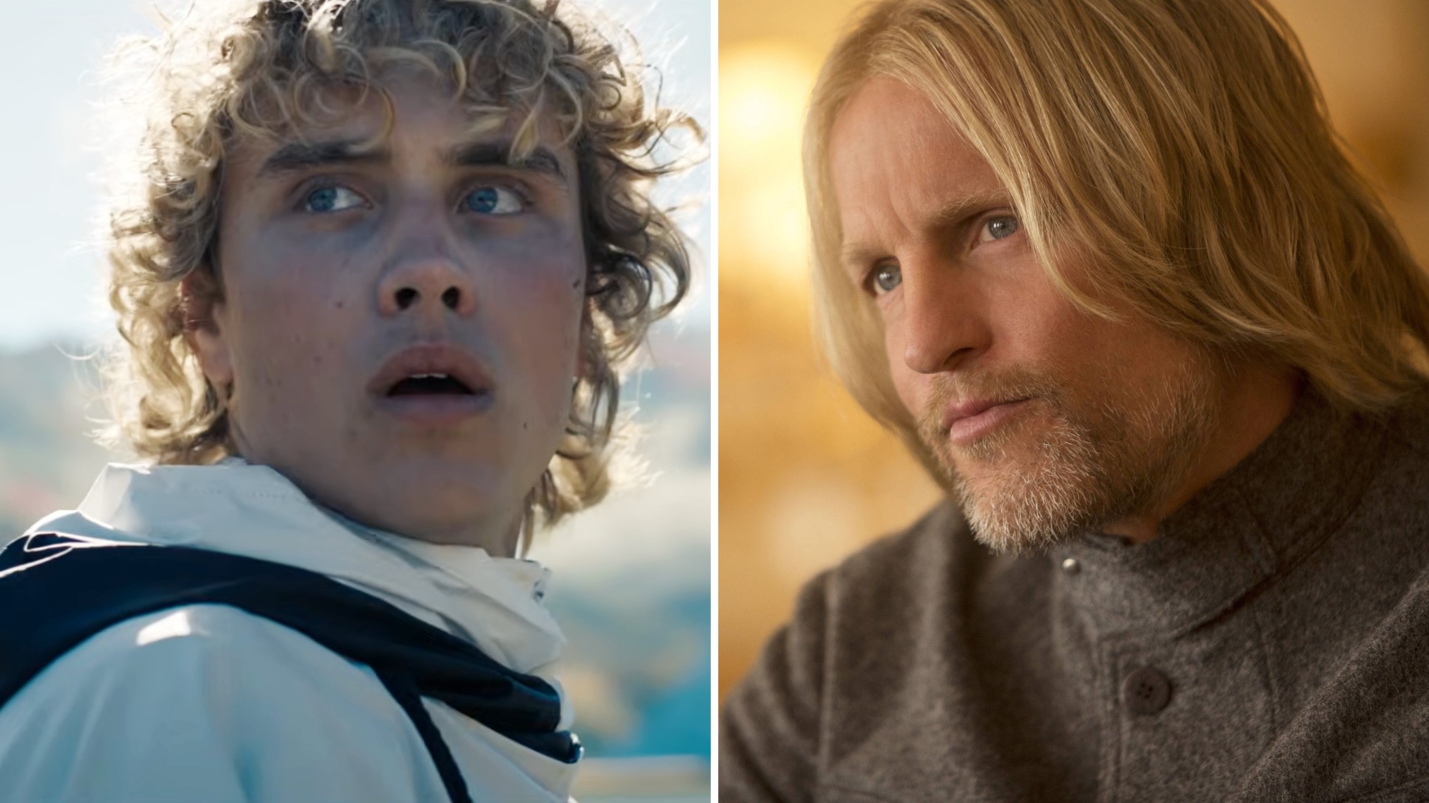 Joseph Zada and Woody Harrelson as Haymitch in Sunrise on the Reaping and The Hunger Games: Mockingjay
