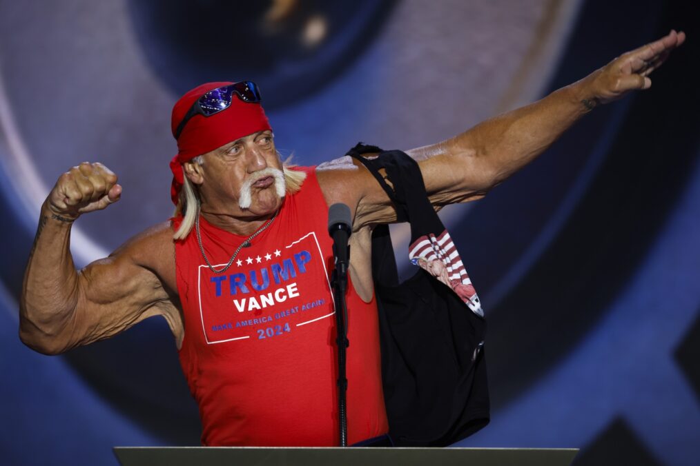 MILWAUKEE, WISCONSIN - JULY 18: Professional entertainer and wrestler Hulk Hogan poses as he speaks on stage on the fourth day of the Republican National Convention at the Fiserv Forum on July 18, 2024 in Milwaukee, Wisconsin. Delegates, politicians, and the Republican faithful are in Milwaukee for the annual convention, concluding with former President Donald Trump accepting his party's presidential nomination. The RNC takes place from July 15-18. (Photo by Chip Somodevilla/Getty Images)
