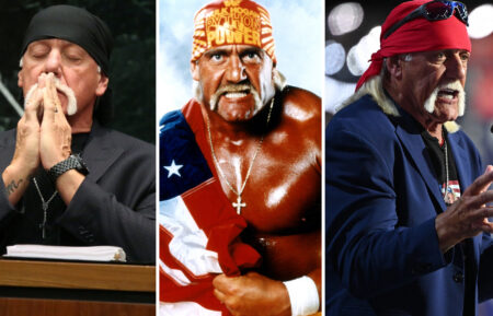 Terry Bollea, aka Hulk Hogan, testifies in court during his trial against Gawker Media (Photo by John Pendygraft-Pool/Getty Images); Hulk Hogan (aka Terry Bollea), ca. 1990; Professional entertainer and wrestler Hulk Hogan speaks on stage on the fourth day of the Republican National Convention at the Fiserv Forum on July 18, 2024 (Photo by Leon Neal/Getty Images)