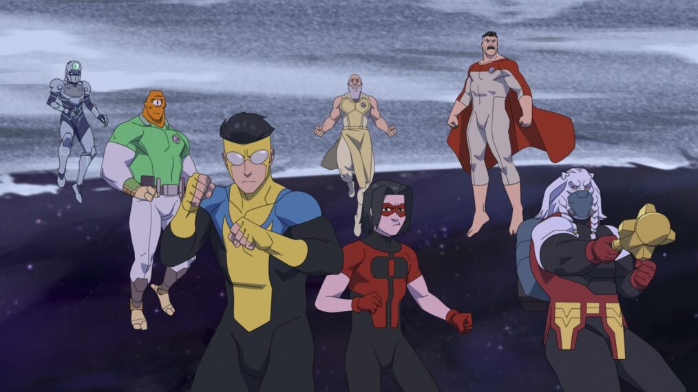 Invincible Season 4 episode 6 - Tech Jacket, Allen The Alien (Seth Rogen), Invincible (Steven Yeun), Great Thaedus (Peter Cullen), Oliver Grayson (Christian Convery), Omni-Man (JK Simmons), Battle Beast (Michael Dorn)