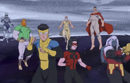 Invincible Season 4 episode 6 - Tech Jacket, Allen The Alien (Seth Rogen), Invincible (Steven Yeun), Great Thaedus (Peter Cullen), Oliver Grayson (Christian Convery), Omni-Man (JK Simmons), Battle Beast (Michael Dorn)