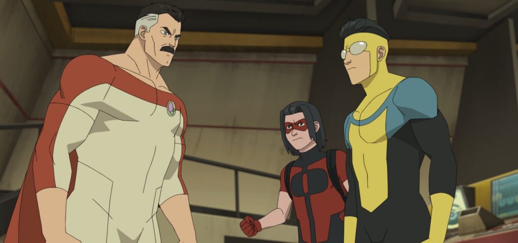 Omni-Man (JK Simmons), Oliver Grayson (Christian Convery), Invincible (Steven Yeun)