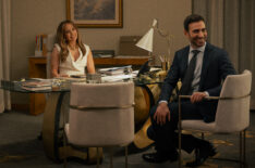 Jennifer Lopez as Jackie Cruz and Brett Goldstein as Daniel Blanchflower in Office Romance.