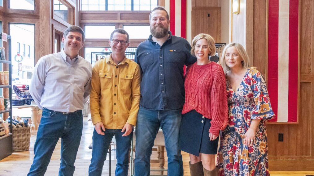 Jim Rasberry, Josh Nowell, Ben Napier, Erin Napier, and Mallorie Rasberry, HGTV 'Home Town: Inn This Together,' Season 1 promo pic 2026.