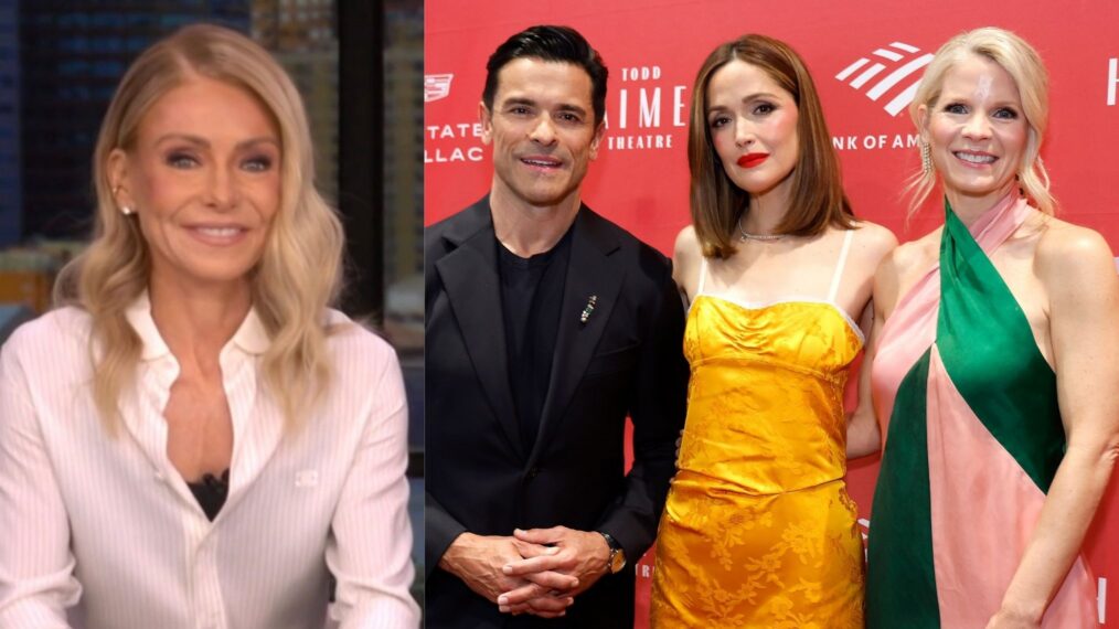 Kelly Ripa on the April 20, 2026, episode of 'Live With Kelly and Mark'; Mark Consuelos, Rose Byrne and Kelli O'Hara attend 'Fallen Angels' Broadway opening night at the Todd Haimes Theatre on April 19, 2026 in New York City.