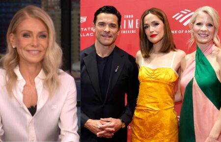 Kelly Ripa on the April 20, 2026, episode of 'Live With Kelly and Mark'; Mark Consuelos, Rose Byrne and Kelli O'Hara attend 