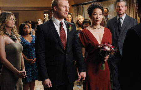 GREY'S ANATOMY, (from left): Ellen Pompeo, Chandra Wilson, Chyler Leigh (obscured), Kevin McKidd, Sara Ramirez, Jessica Capshaw, Sandra Oh, Eric Dane, 'With You I'm Born Again', (Season 7, ep. 701, aired Sept. 23, 2010), 2005-, photo: Peter 'Hopper' Stone / ©ABC / Courtesy Everett Collection