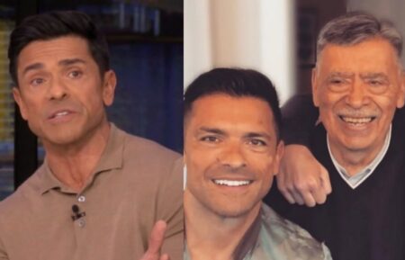 Mark Consuelos on the April 6, 2026, episode of ABC's 'Live With Kelly and Mark'; Mark Consuelos and Saul Consuelos, Instagram, June 21, 2020.