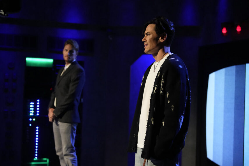 HOUSE OF VILLAINS -- "The Nut House of Villains" Episode 307 -- Pictured: (l-r) Tyson Apostol, Tom Sandoval -- (Photo by: Casey Durkin/Peacock)