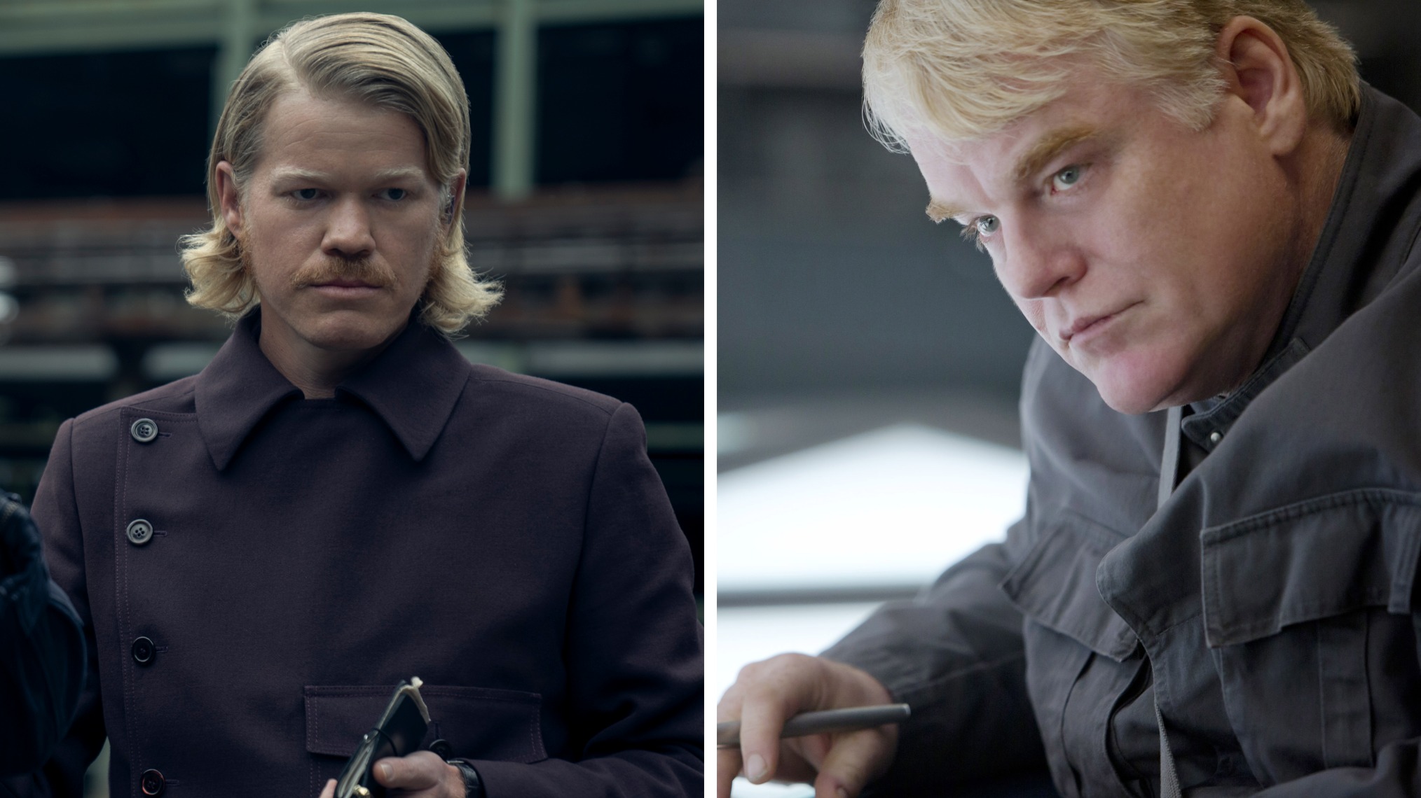 Jesse Plemons and Philip Seymour Hoffman as Plutarch in Sunrise on the Reaping and The Hunger Games: Mockingjay
