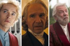 Tom Blyth, Ralph Fiennes, and Donald Sutherland as President Snow in Ballad of Songbirds and Snakes, Sunrise on the Reaping, and The Hunger Games: Catching Fire