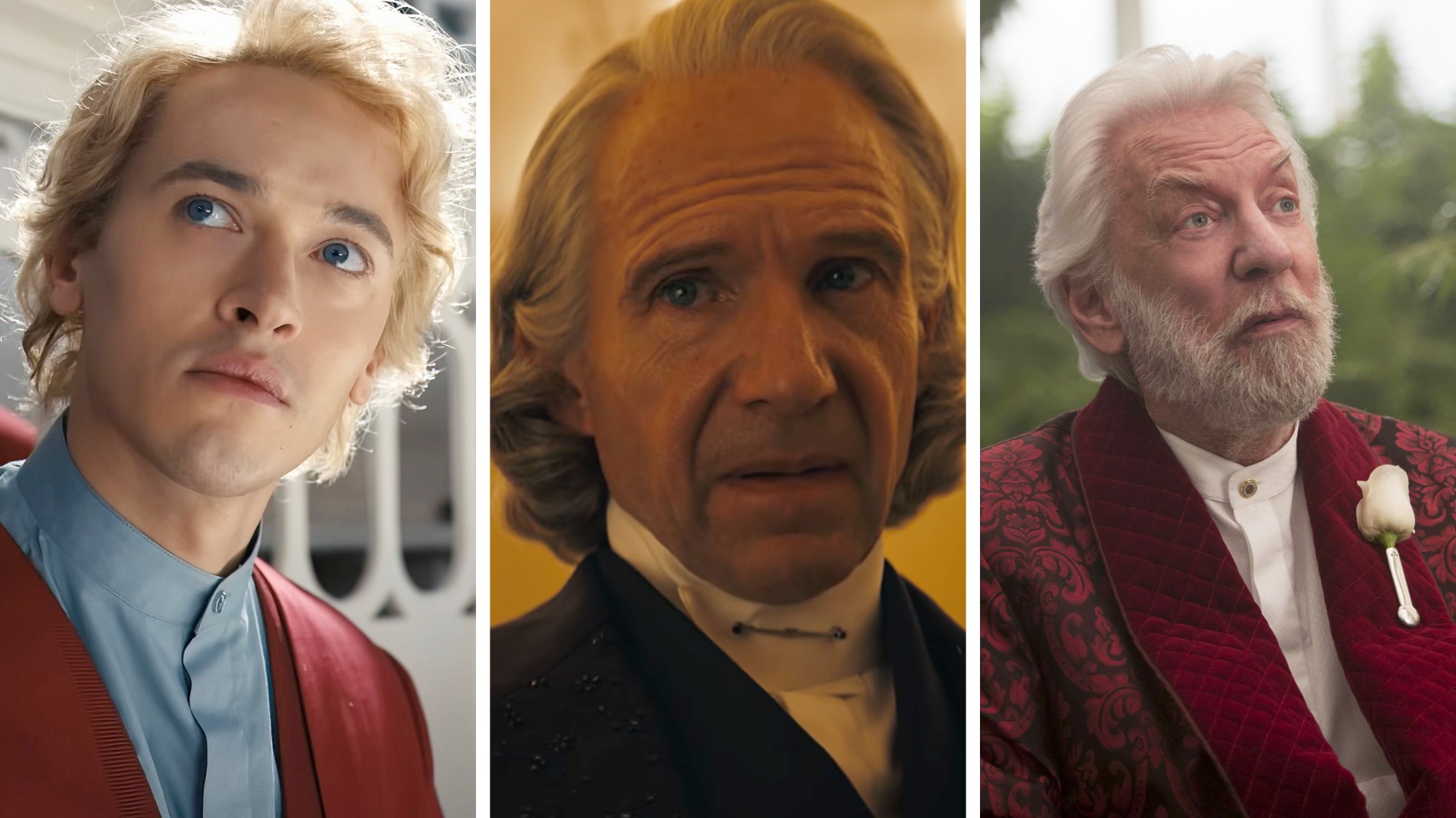 Tom Blyth, Ralph Fiennes, and Donald Sutherland as President Snow in Ballad of Songbirds and Snakes, Sunrise on the Reaping, and The Hunger Games: Catching Fire