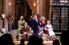 Rose Byrne, Christopher Fitzgerald, Mark Consuelos, Aasif Mandvi, Kelli O'Hara and Tracee Chimo stand for curtain call during the 'Fallen Angels' Broadway opening night at the Todd Haimes Theatre on April 19, 2026 in New York City.