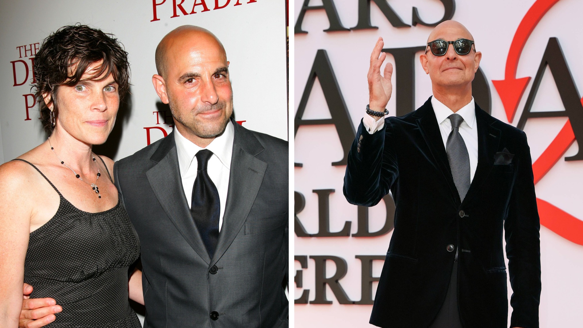 Stanley Tucci at the Devil Wears Prada premieres in 2006 and 2026, with his wife Kate in 2006