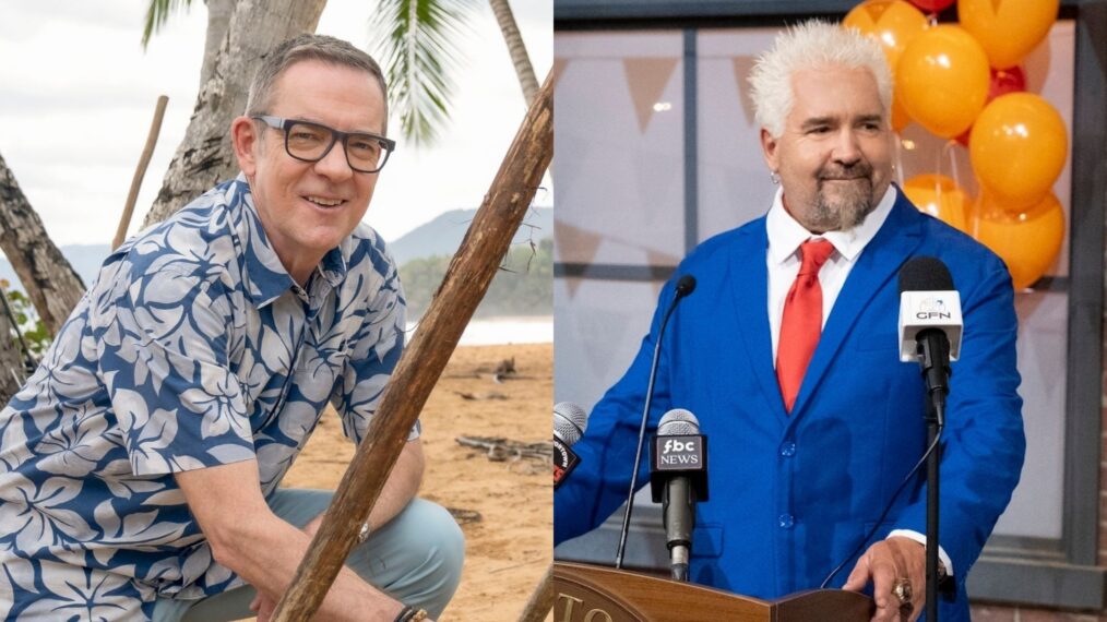 Ted Allen on Season 1 of Food Network's 'Chopped Castaways'; Guy Fieri, as seen on Flavortown Food Fight, Season 1.