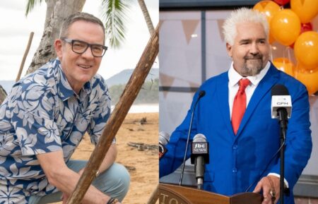 Ted Allen on Season 1 of Food Network's 'Chopped Castaways'; Guy Fieri, as seen on Flavortown Food Fight, Season 1.