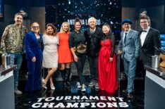 Host Guy Fieri and winning contestant Antonia Lofaso with Hunter Fieri, Tiffani Faison, Maneet Chauhan, Brooke Williamson, Mei Lin, Simon Majumdar, and Justin Warner, as seen on Tournament of Champions, Season 6, Food Network, 2025.