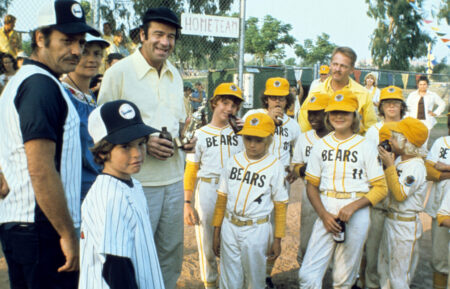THE BAD NEWS BEARS, Vic Morrow, Walter Matthau, Tatum O'Neal, 1976, on the baseball field