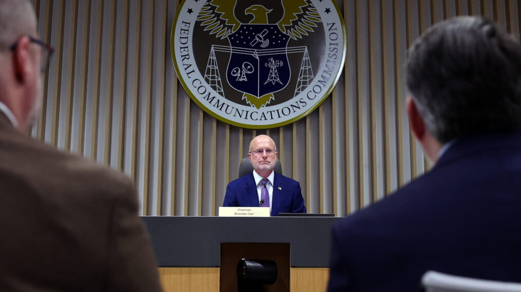 Chairman of the Federal Communications Commission (FCC) Brendan Carr participates in a meeting at the FCC headquarters on February 18, 2026, in Washington, D.C.