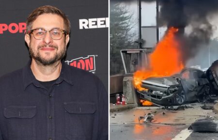 Eugene Mirman at the 2025 New York Comic Con on October 11, 2025, in New York City; Mirman's car in flames in Bedford, New Hampshire, on March 31, 2026
