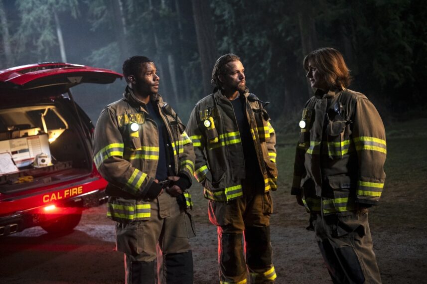 Jordan Calloway as Jake Crawford, Max Thieriot as Bode Leone, and Diane Farr as Sharon Leone — 'Fire Country' Season 4 Episode 15 "Making Things Go Boom"