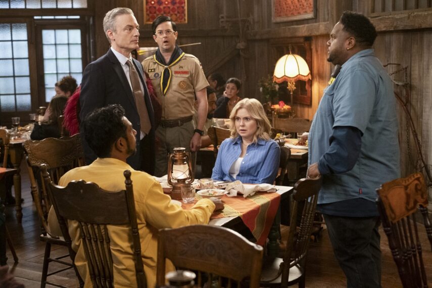 Utkarsh Ambudkar, Justin Kirk, Richie Moriarty, Rose McIver, and Tristan D. Lalla in 'Ghosts' Season 5