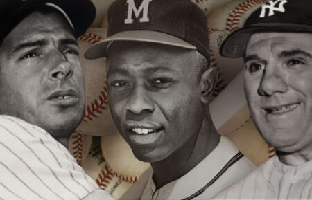 History of Baseball timeline header with Joe Dimaggio, Hank Aaron and Babe Ruth