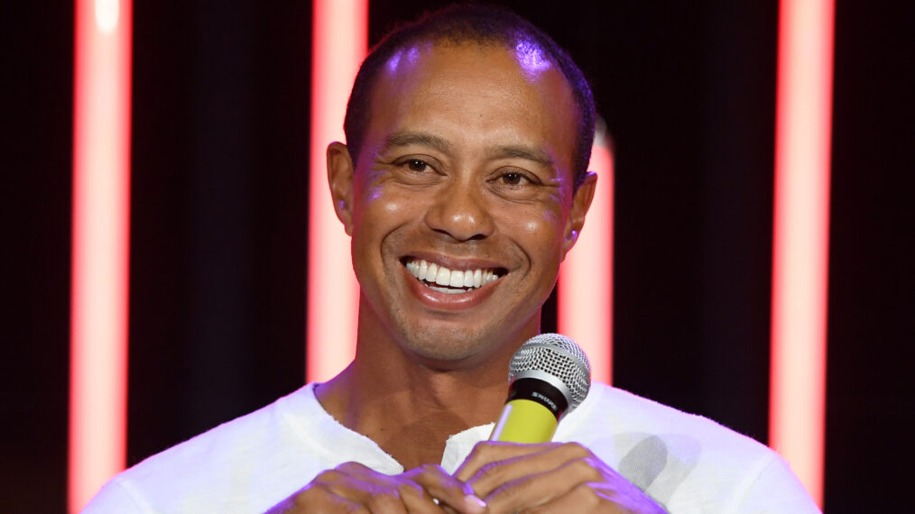 Tiger Woods smiles as he is interviewed at The Match: Tiger vs Phil VIP after party at Topgolf Las Vegas on November 23, 2018 in Las Vegas, Nevada