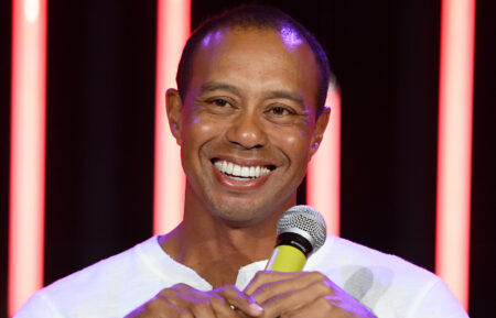 Tiger Woods smiles as he is interviewed at The Match: Tiger vs Phil VIP after party at Topgolf Las Vegas on November 23, 2018 in Las Vegas, Nevada