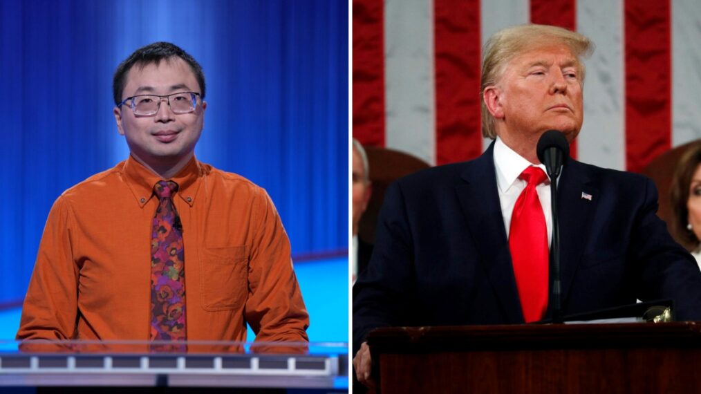 (left) 'Jeopardy!' champion Jamie Ding, (right) President Donald Trump speaking