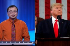 (left) 'Jeopardy!' champion Jamie Ding, (right) President Donald Trump speaking