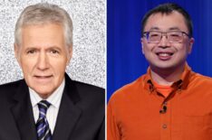 (left) Alex Trebek for 'Jeopardy!', (right) super champion Jamie Ding on the game show in 2026