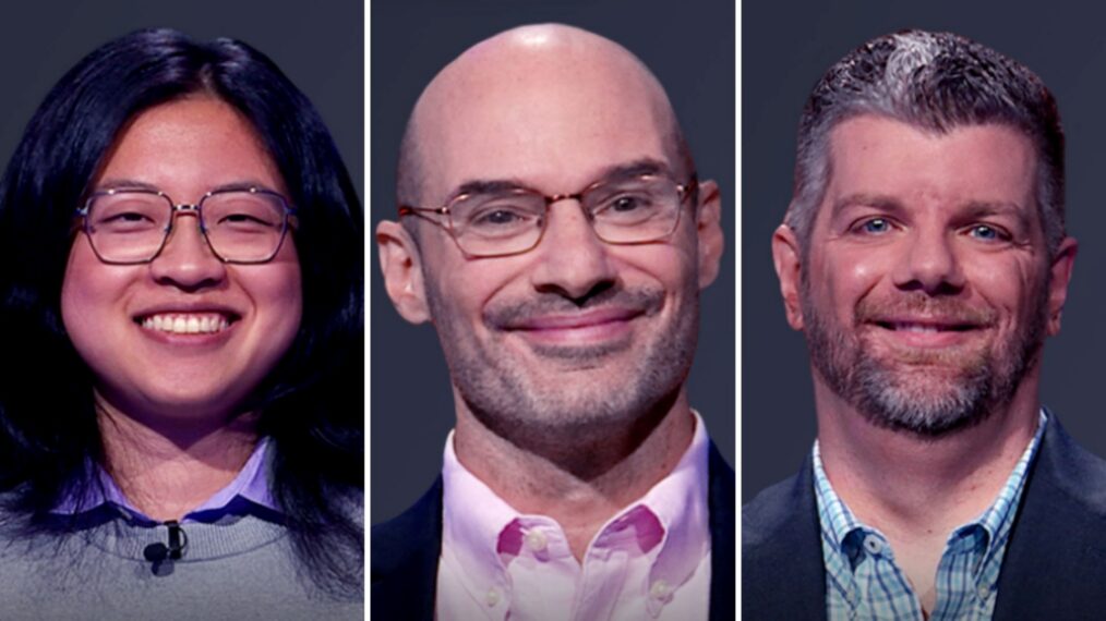 (from left) 'Jeopardy!' contestants Alice Jiang, Greg Shahade, and Chris Argento, on April 28, 2026