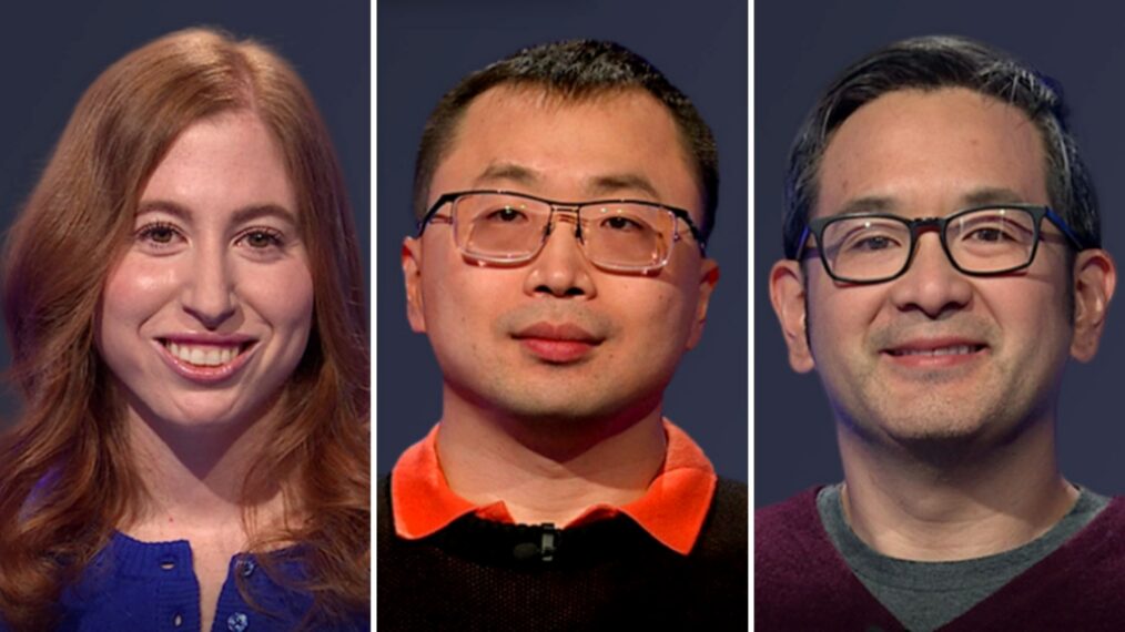 (from left) 'Jeopardy!' contrestants Nikki Svetov, Jamie Ding, and Brian Cho on April 2, 2026