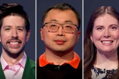 (from left) 'Jeopardy!' contestants Caleb Phillips, Jaime Ding, and Caroline Coughling, on April 20, 2026