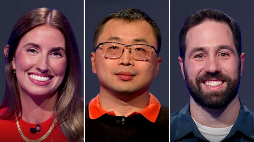 (from left) 'Jeopardy!' contestants Erica Wagner, Jamie Ding, and Dominex Kovacs, on April 8, 2026