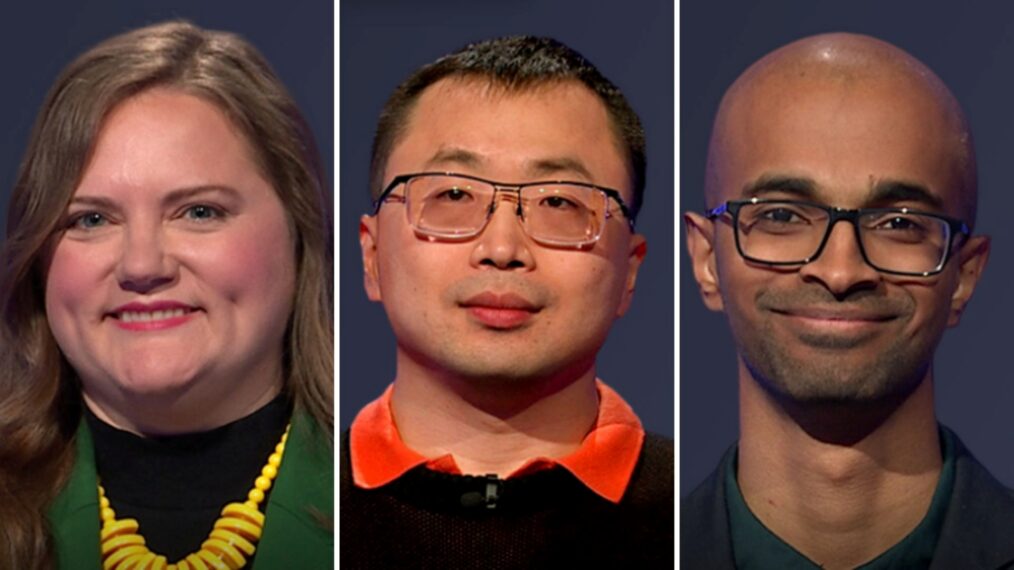 (from left) 'Jeopardy!' contestants Jessica Frankenfield, Jamie Ding, and George Thomas, on April 1, 2026