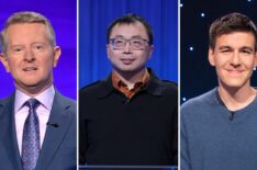 (left)'Jeopardy!' host Ken Jennings. (left) 'Jeopardy!' super champion Jamie Ding, (right) James Holzhauer