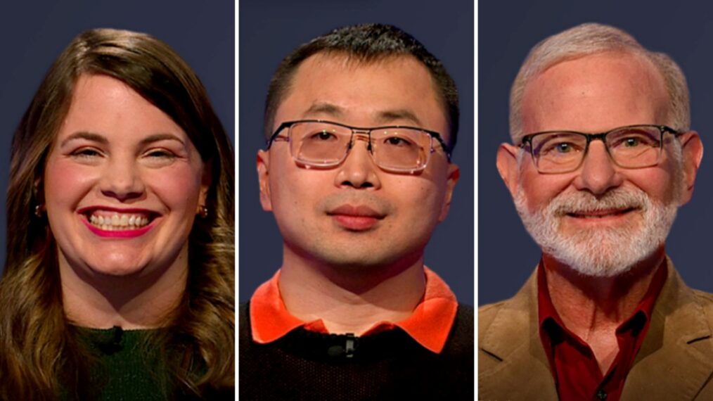 'Jeopardy!' contestants (from left) Kim Elliott, Jamie Ding, and Bill Page, on April 15, 2026