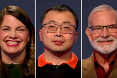 'Jeopardy!' contestants (from left) Kim Elliott, Jamie Ding, and Bill Page, on April 15, 2026