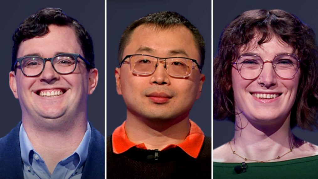 'Jeopardy!' contestants (from left) Mikey Hlebasko, Jamie Ding, and Maggie Faucher, on April 6, 2026