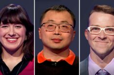 (from left) 'Jeopardy' contestants Lydia Sekscenski, Jamie Ding, and Maz Ernst, on April 21, 2026