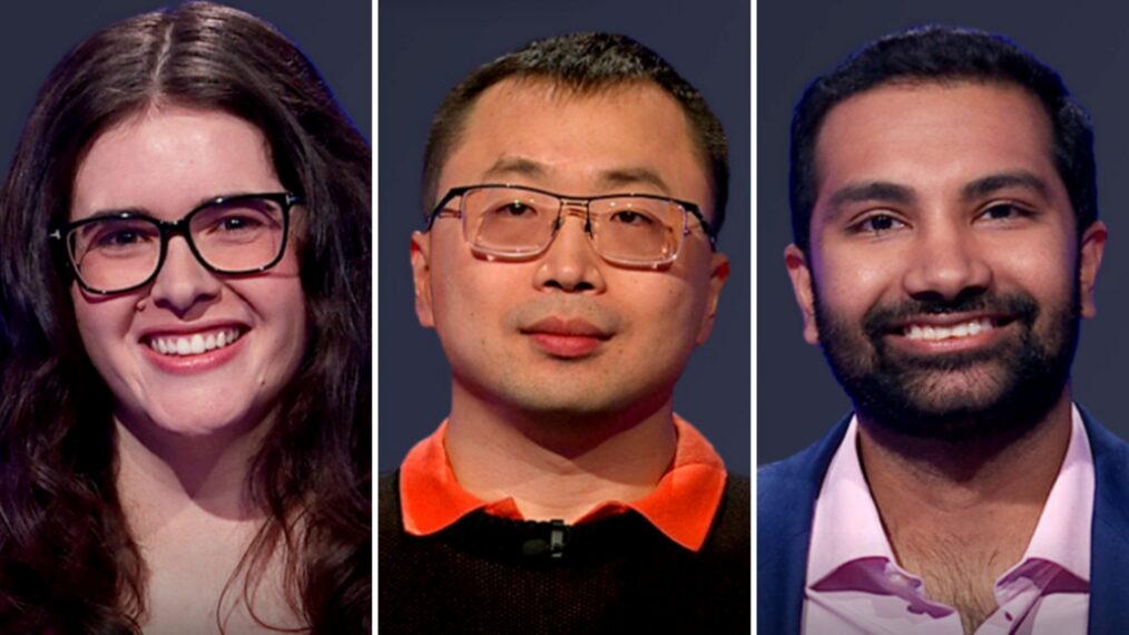 (from left) 'Jeopardy!' contestants Alexandra Leith, Jamie Ding, and Prithish David, on April 9, 2026