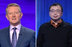 (left) 'Jeopardy!' host Ken Jennings on the game show, (right) super champion Jaine Ding