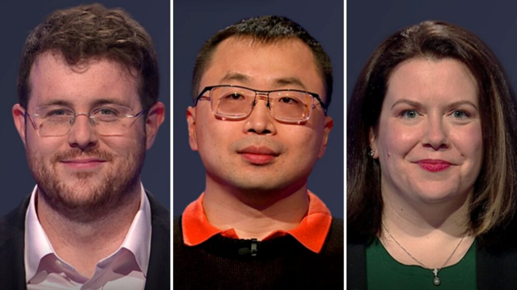 (from left) 'Jeopardy!' contestants Emmett Laurie, Jamie Ding, and Robyn Long, on April 3, 2026